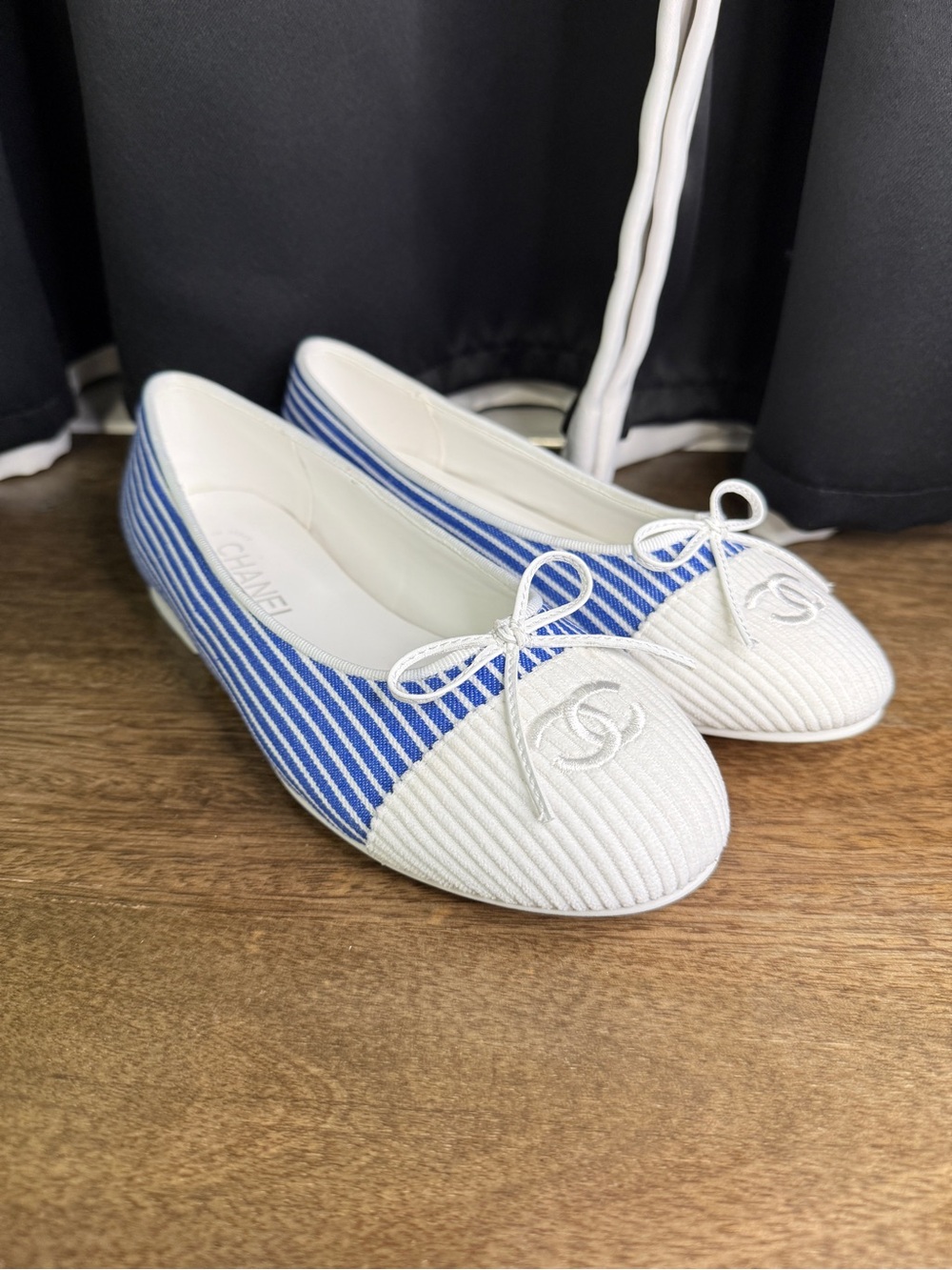 CHANEL Blue and White Striped Ribbed Cap-Toe Ballerina Flats